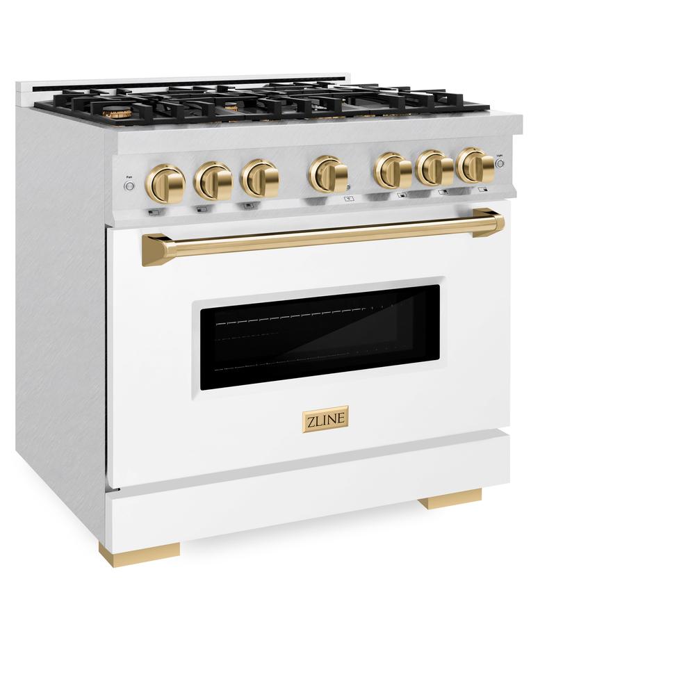 ZLINE Autograph Edition 36 in. 5.2 cu. ft. Classic Dual Fuel Range with 6 Burner Gas Cooktop and Electric Convection Oven in DuraSnow® Stainless Steel with White Matte Door and Polished Gold Accents (CDRSZ-WM-36-G)