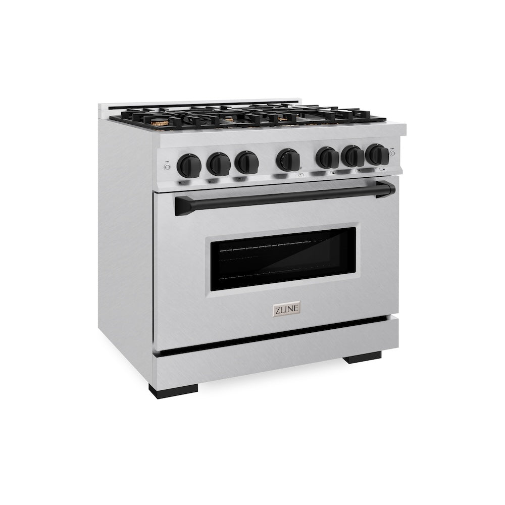 ZLINE Autograph Edition 36 in. 5.2 cu. ft. Classic Dual Fuel Range with 6 Burner Gas Cooktop and Electric Convection Oven in DuraSnow® Stainless Steel with Matte Black Accents (CDRSZ-36-MB)