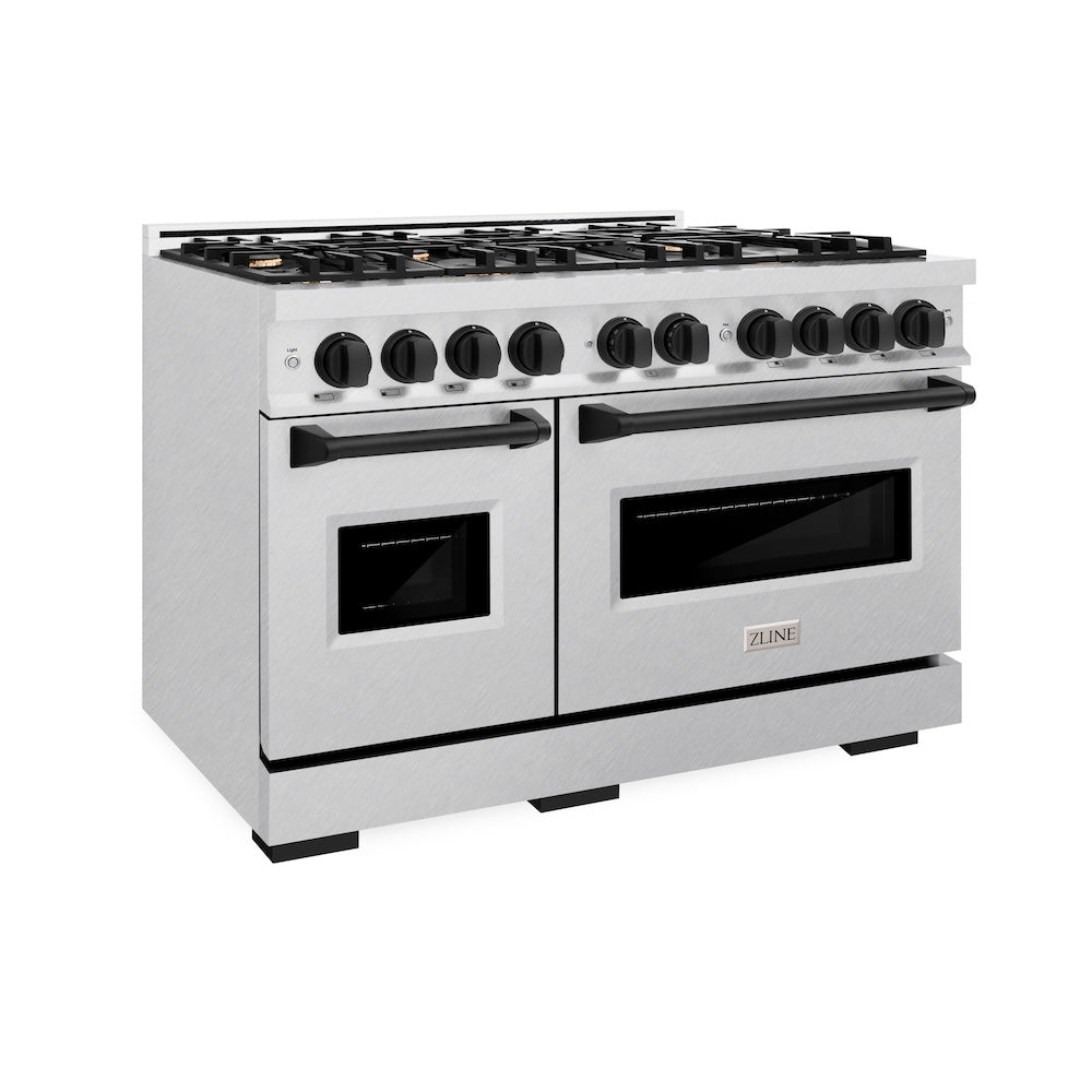 ZLINE Autograph Edition 48 in. 6.7 cu. ft. Classic Double Oven Dual Fuel Range with 8 Burner Gas Cooktop in DuraSnow® Stainless Steel and Matte Black Accents (CDRSZ-48-MB)