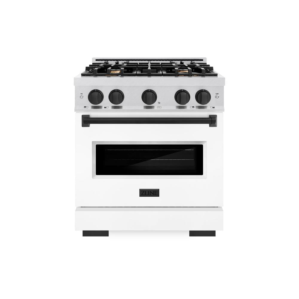 ZLINE Autograph Edition 30 in. 4.2 cu. ft. Classic Dual Fuel Range with 4 Burner Gas Cooktop and Electric Convection Oven in DuraSnow® Stainless Steel with White Matte Door and Matte Black Accents (CDRSZ-WM-30-MB)