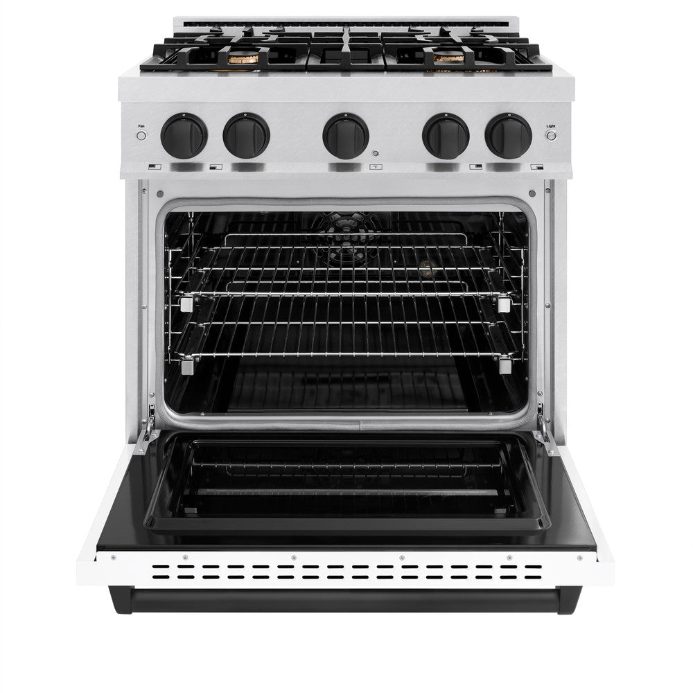 ZLINE Autograph Edition 30 in. 4.2 cu. ft. Classic Dual Fuel Range with 4 Burner Gas Cooktop and Electric Convection Oven in DuraSnow® Stainless Steel with White Matte Door and Matte Black Accents (CDRSZ-WM-30-MB)