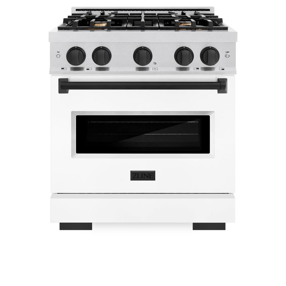 ZLINE Autograph Edition 30 in. 4.2 cu. ft. Classic Dual Fuel Range with 4 Burner Gas Cooktop and Electric Convection Oven in DuraSnow® Stainless Steel with White Matte Door and Matte Black Accents (CDRSZ-WM-30-MB)