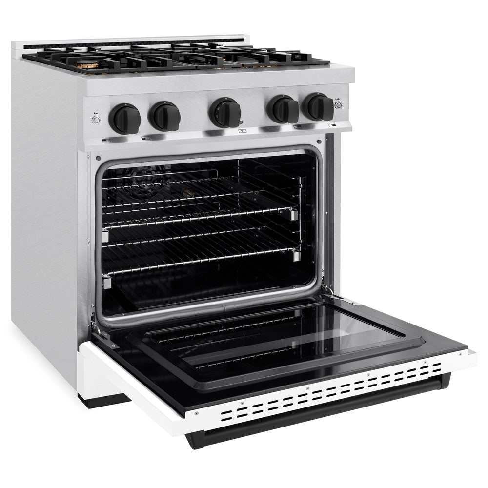 ZLINE Autograph Edition 30 in. 4.2 cu. ft. Classic Dual Fuel Range with 4 Burner Gas Cooktop and Electric Convection Oven in DuraSnow® Stainless Steel with White Matte Door and Matte Black Accents (CDRSZ-WM-30-MB)