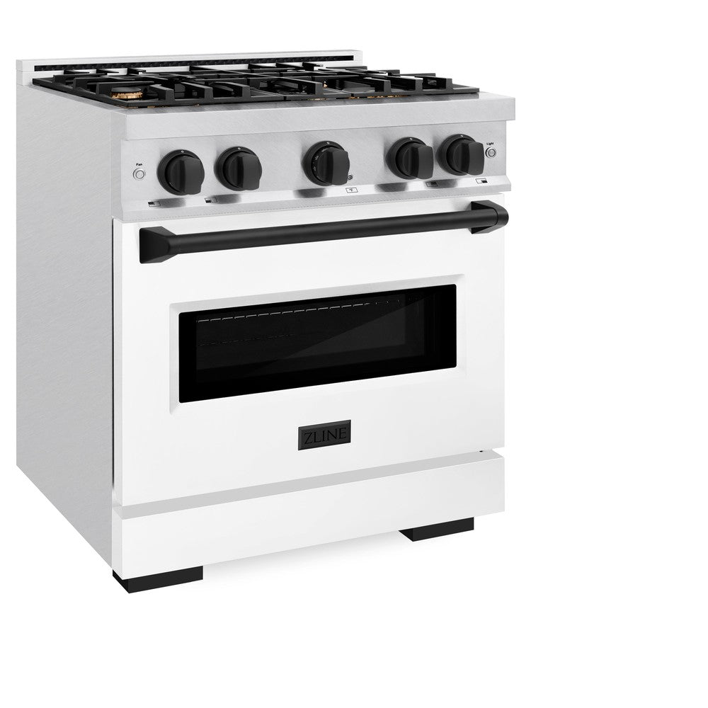 ZLINE Autograph Edition 30 in. 4.2 cu. ft. Classic Dual Fuel Range with 4 Burner Gas Cooktop and Electric Convection Oven in DuraSnow® Stainless Steel with White Matte Door and Matte Black Accents (CDRSZ-WM-30-MB)