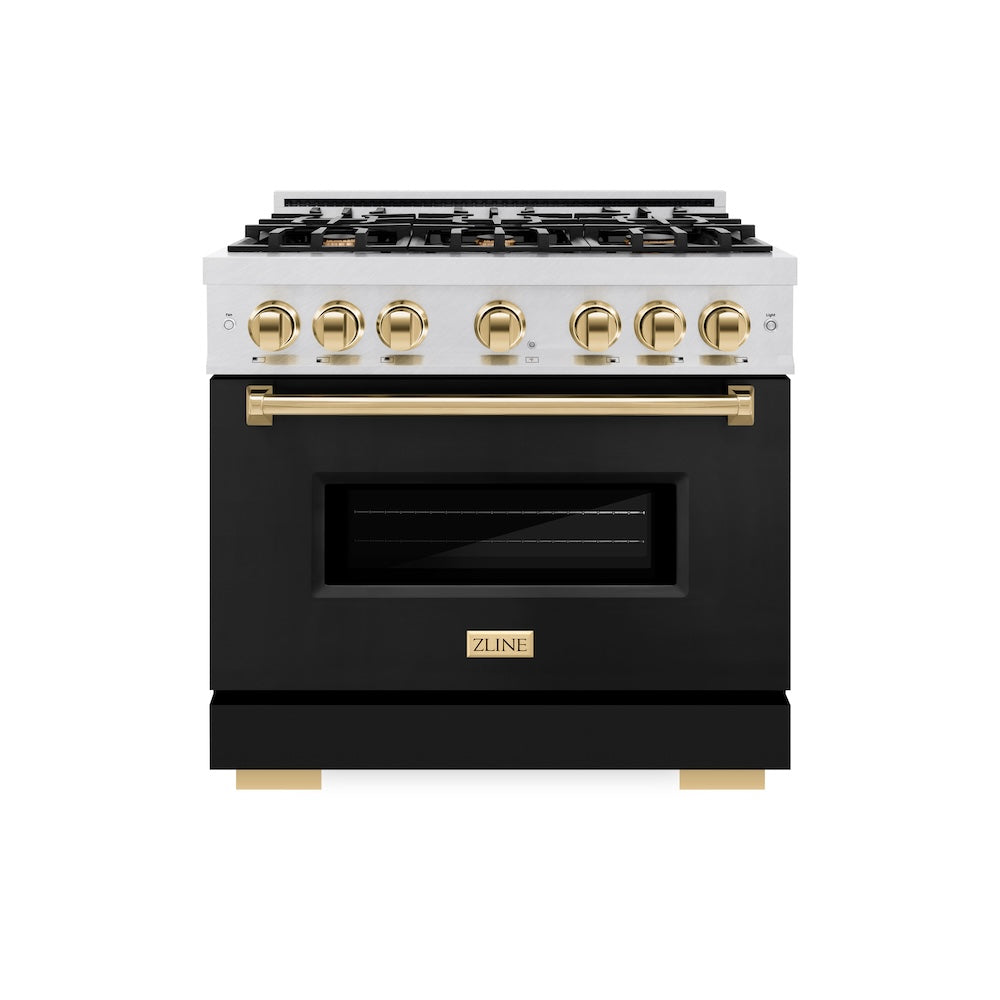ZLINE Autograph Edition 36 in. 5.2 cu. ft. Classic Dual Fuel Range with 6 Burner Gas Cooktop and Electric Convection Oven in DuraSnow® Stainless Steel with Black Matte Door and Polished Gold Accents (CDRSZ-BLM-36-G)