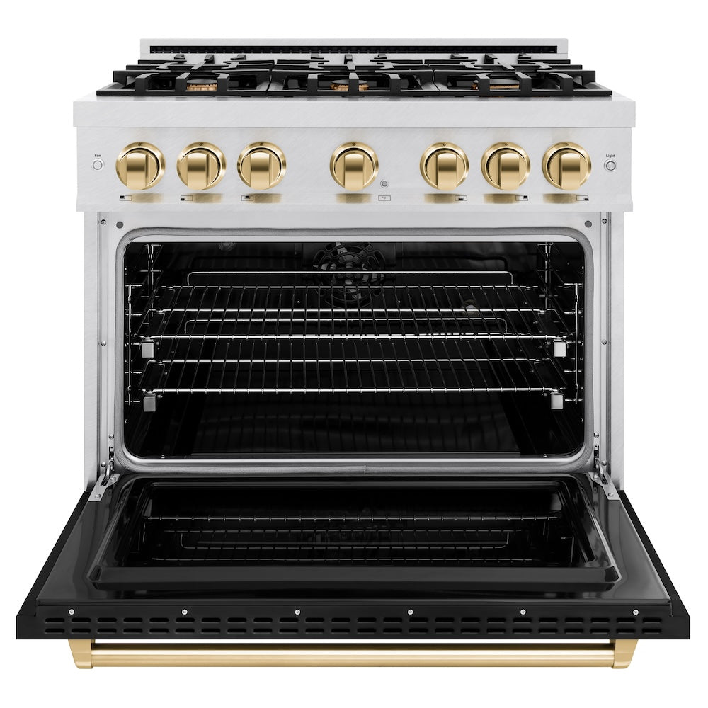 ZLINE Autograph Edition 36 in. 5.2 cu. ft. Classic Dual Fuel Range with 6 Burner Gas Cooktop and Electric Convection Oven in DuraSnow® Stainless Steel with Black Matte Door and Polished Gold Accents (CDRSZ-BLM-36-G)