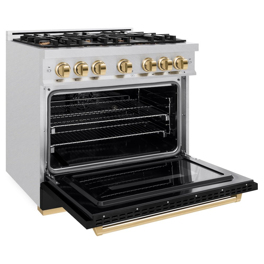 ZLINE Autograph Edition 36 in. 5.2 cu. ft. Classic Dual Fuel Range with 6 Burner Gas Cooktop and Electric Convection Oven in DuraSnow® Stainless Steel with Black Matte Door and Polished Gold Accents (CDRSZ-BLM-36-G)