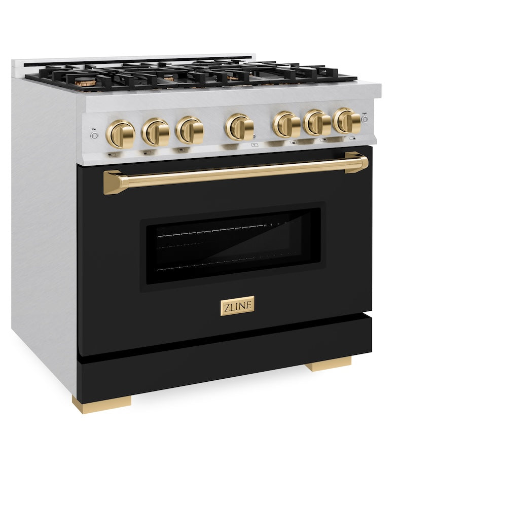 ZLINE Autograph Edition 36 in. 5.2 cu. ft. Classic Dual Fuel Range with 6 Burner Gas Cooktop and Electric Convection Oven in DuraSnow® Stainless Steel with Black Matte Door and Polished Gold Accents (CDRSZ-BLM-36-G)