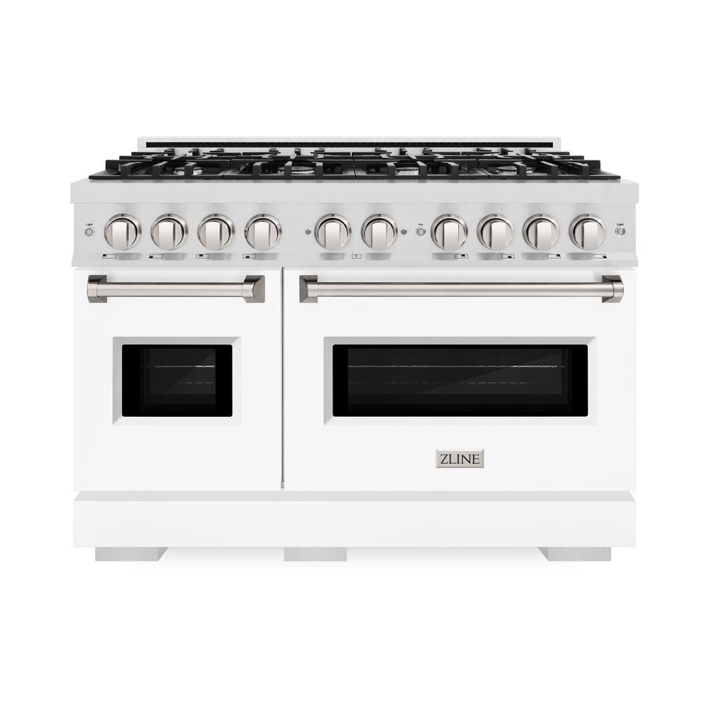 ZLINE 48 in. 6.7 cu. ft. Classic Double Oven Dual Fuel Range with 8 Burner Gas Cooktop in DuraSnow® Stainless Steel with White Matte Doors (CDRS-WM-48)