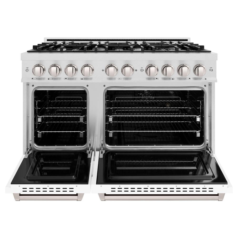ZLINE 48 in. 6.7 cu. ft. Classic Double Oven Dual Fuel Range with 8 Burner Gas Cooktop in DuraSnow® Stainless Steel with White Matte Doors (CDRS-WM-48)
