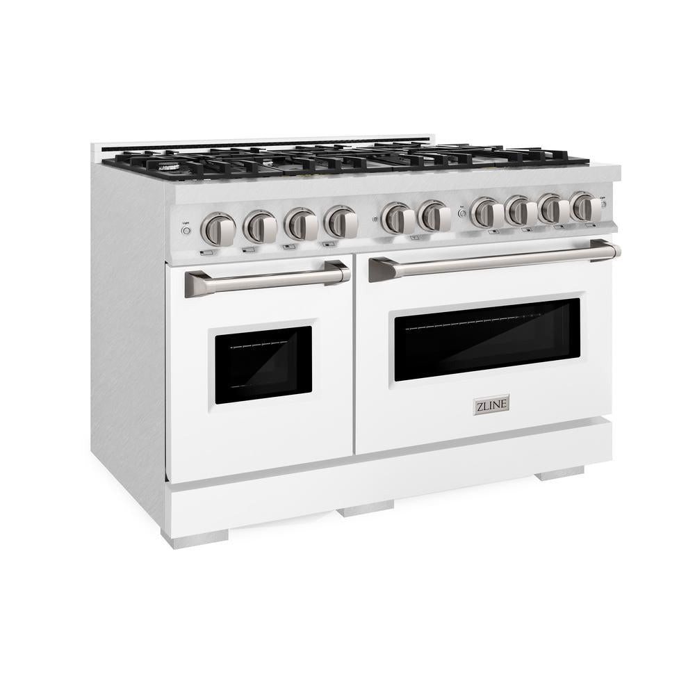 ZLINE 48 in. 6.7 cu. ft. Classic Double Oven Dual Fuel Range with 8 Burner Gas Cooktop in DuraSnow® Stainless Steel with White Matte Doors (CDRS-WM-48)