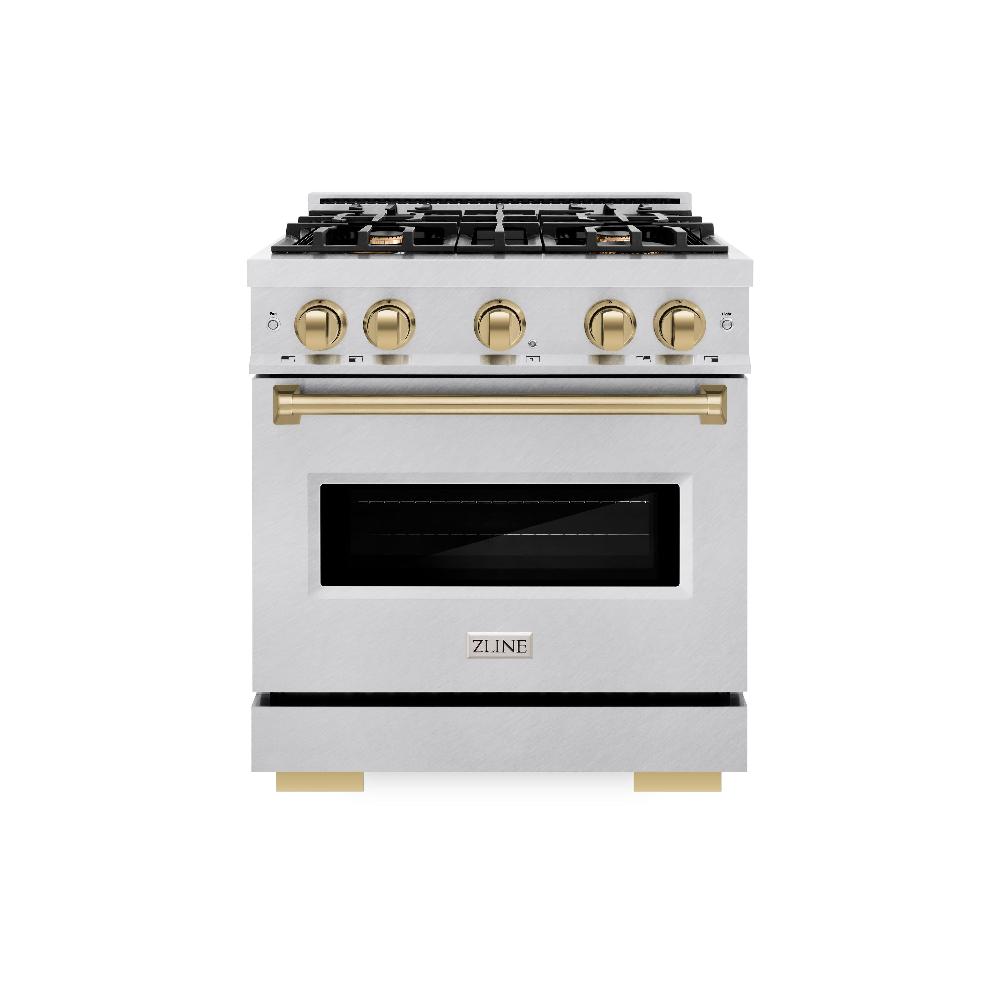 ZLINE Autograph Edition 30 in. 4.2 cu. ft. Classic Gas Range with 4 Burner Cooktop and Convection Gas Oven in DuraSnow® Stainless Steel and Champagne Bronze Accents (CGRSZ-30-CB)