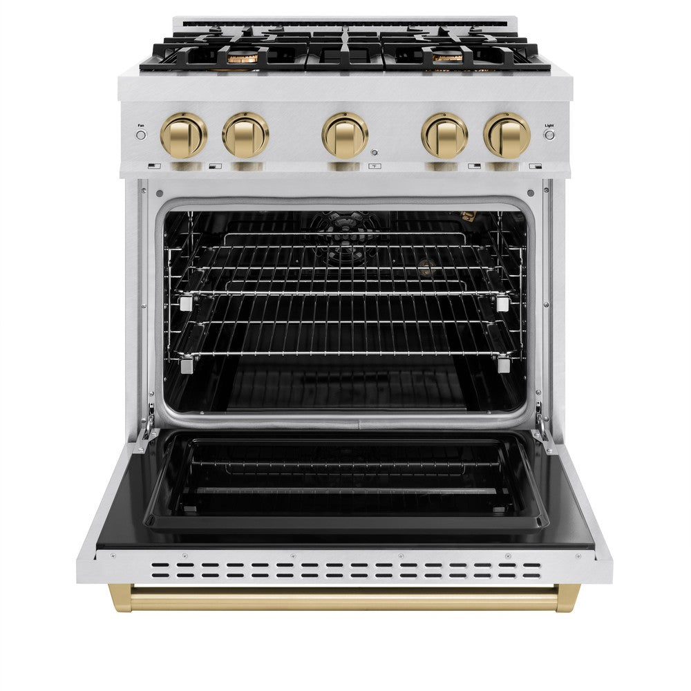 ZLINE Autograph Edition 30 in. 4.2 cu. ft. Classic Gas Range with 4 Burner Cooktop and Convection Gas Oven in DuraSnow® Stainless Steel and Champagne Bronze Accents (CGRSZ-30-CB)