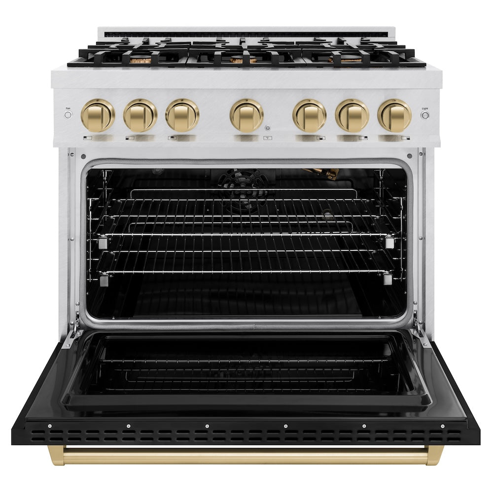 ZLINE Autograph Edition 36 in. 5.2 cu. ft. Classic Gas Range with 6 Burner Cooktop and Convection Gas Oven in DuraSnow® Stainless Steel with Black Matte Door and Champagne Bronze Accents (CGRSZ-BLM-36-CB)