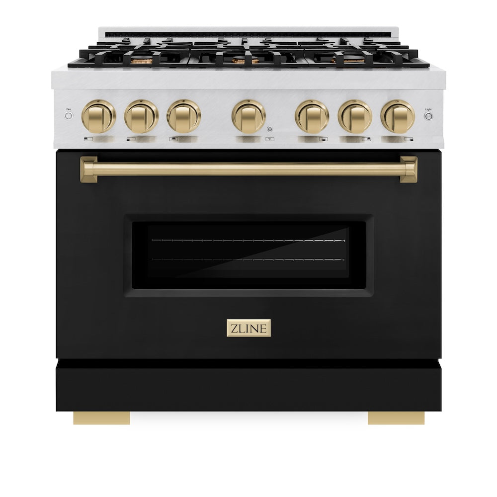 ZLINE Autograph Edition 36 in. 5.2 cu. ft. Classic Gas Range with 6 Burner Cooktop and Convection Gas Oven in DuraSnow® Stainless Steel with Black Matte Door and Champagne Bronze Accents (CGRSZ-BLM-36-CB)