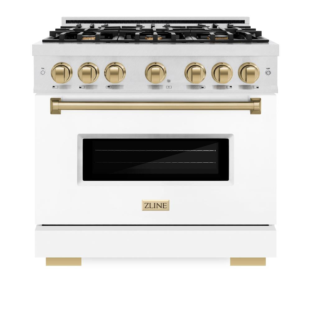 ZLINE Autograph Edition 36 in. 5.2 cu. ft. Classic Gas Range with 6 Burner Cooktop and Convection Gas Oven in DuraSnow® Stainless Steel with White Matte Door and Champagne Bronze Accents (CGRSZ-WM-36-CB)