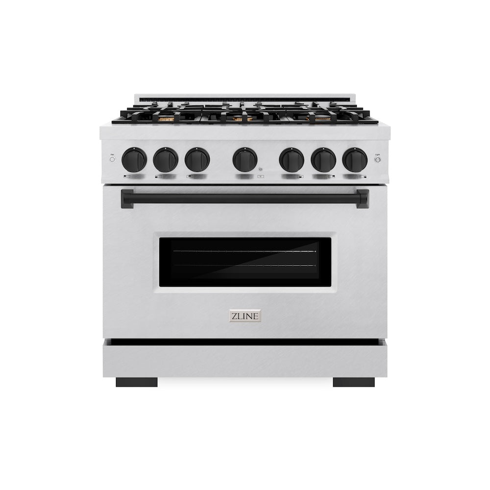 ZLINE Autograph Edition 36 in. 5.2 cu. ft. Classic Gas Range with 6 Burner Cooktop and Convection Gas Oven in DuraSnow® Stainless Steel and Matte Black Accents (CGRSZ-36-MB)