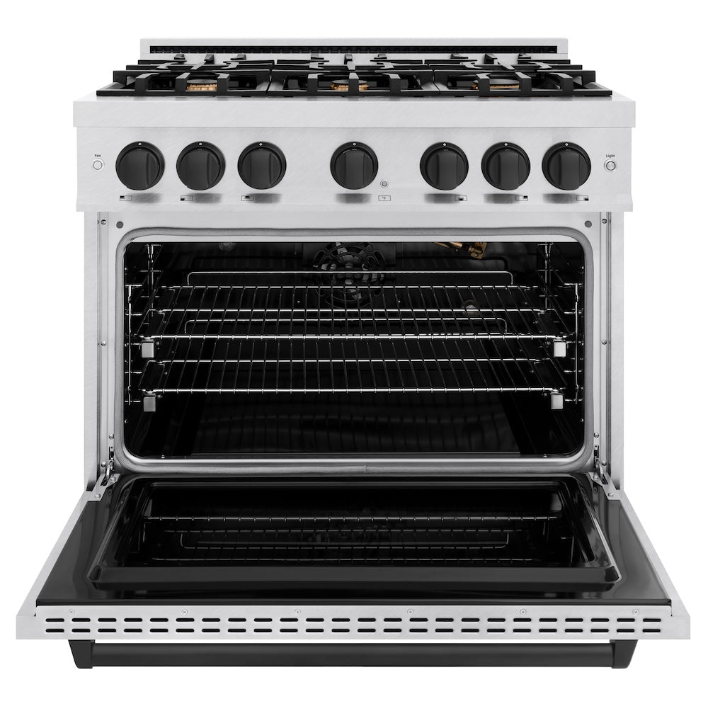 ZLINE Autograph Edition 36 in. 5.2 cu. ft. Classic Gas Range with 6 Burner Cooktop and Convection Gas Oven in DuraSnow® Stainless Steel and Matte Black Accents (CGRSZ-36-MB)