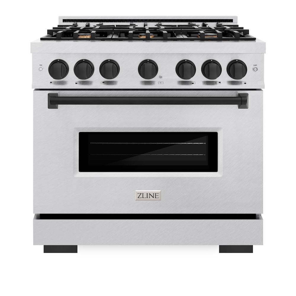 ZLINE Autograph Edition 36 in. 5.2 cu. ft. Classic Gas Range with 6 Burner Cooktop and Convection Gas Oven in DuraSnow® Stainless Steel and Matte Black Accents (CGRSZ-36-MB)