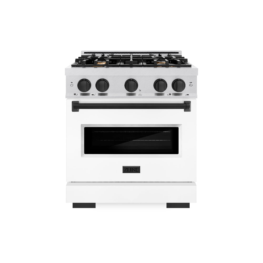 ZLINE Autograph Edition 30 in. 4.2 cu. ft. Classic Gas Range with 4 Burner Cooktop and Convection Gas Oven in DuraSnow® Stainless Steel with White Matte Door and Matte Black Accents (CGRSZ-WM-30-MB)