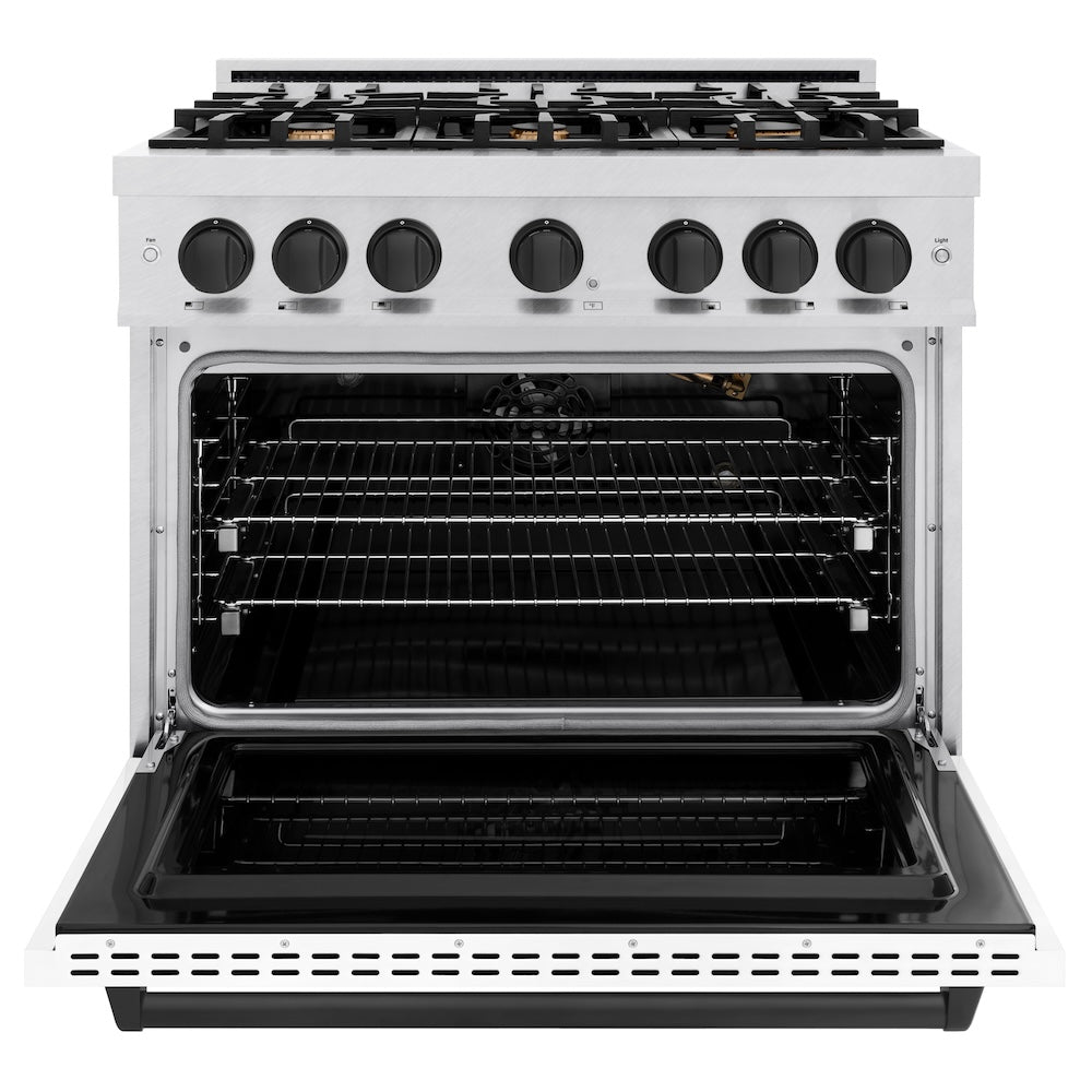 ZLINE Autograph Edition 36 in. 5.2 cu. ft. Classic Gas Range with 6 Burner Cooktop and Convection Gas Oven in DuraSnow® Stainless Steel with White Matte Door and Matte Black Accents (CGRSZ-WM-36-MB)