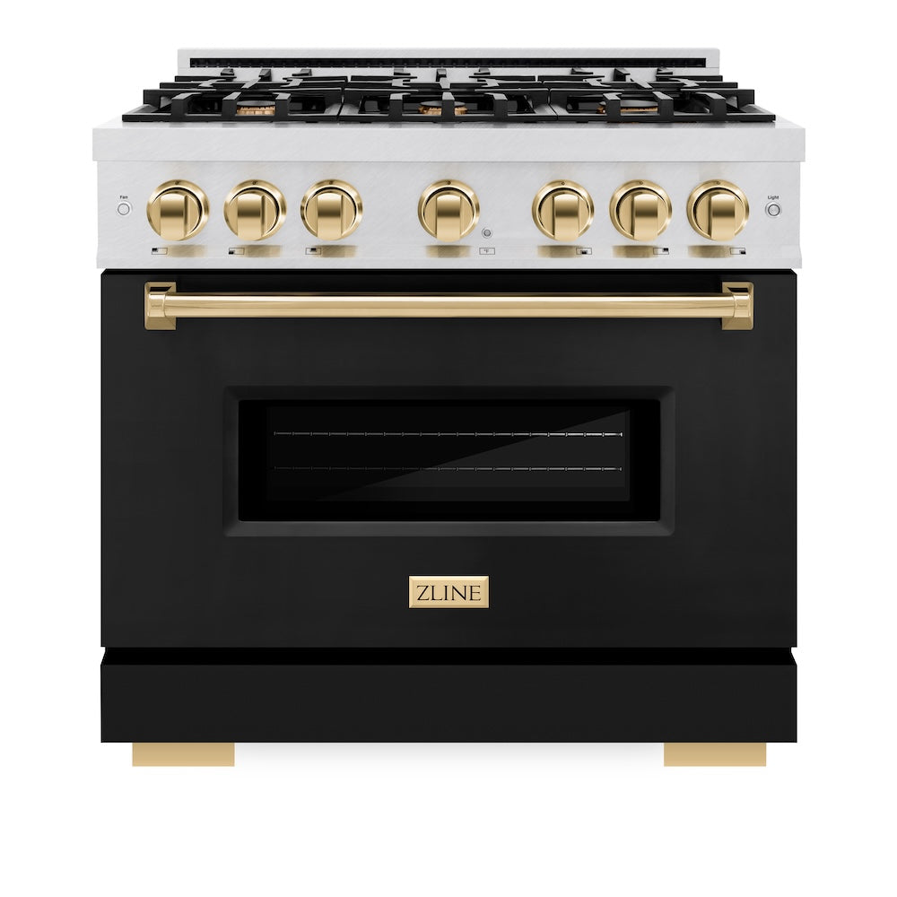 ZLINE Autograph Edition 36 in. 5.2 cu. ft. Classic Gas Range with 6 Burner Cooktop and Convection Gas Oven in DuraSnow® Stainless Steel with Black Matte Door and Polished Gold Accents (CGRSZ-BLM-36-G)