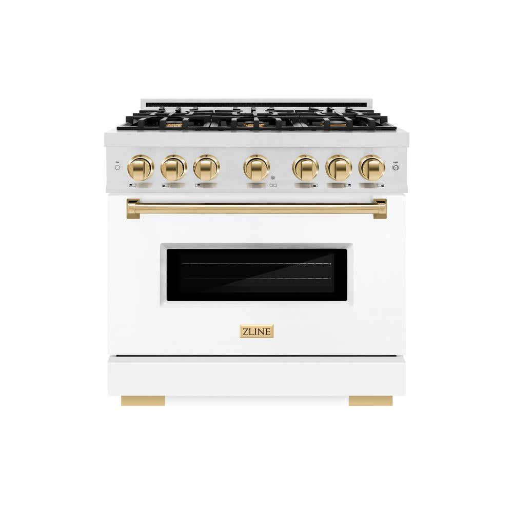 ZLINE Autograph Edition 36 in. 5.2 cu. ft. Classic Gas Range with 6 Burner Cooktop and Convection Gas Oven in DuraSnow® Stainless Steel with White Matte Door and Polished Gold Accents (CGRSZ-WM-36-G)