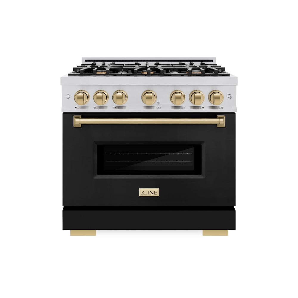 ZLINE Autograph Edition 36 in. 5.2 cu. ft. Classic Dual Fuel Range with 6 Burner Gas Cooktop and Electric Convection Oven in Stainless Steel with Black Matte Door and Champagne Bronze Accents (CDRZ-BLM-36-CB)