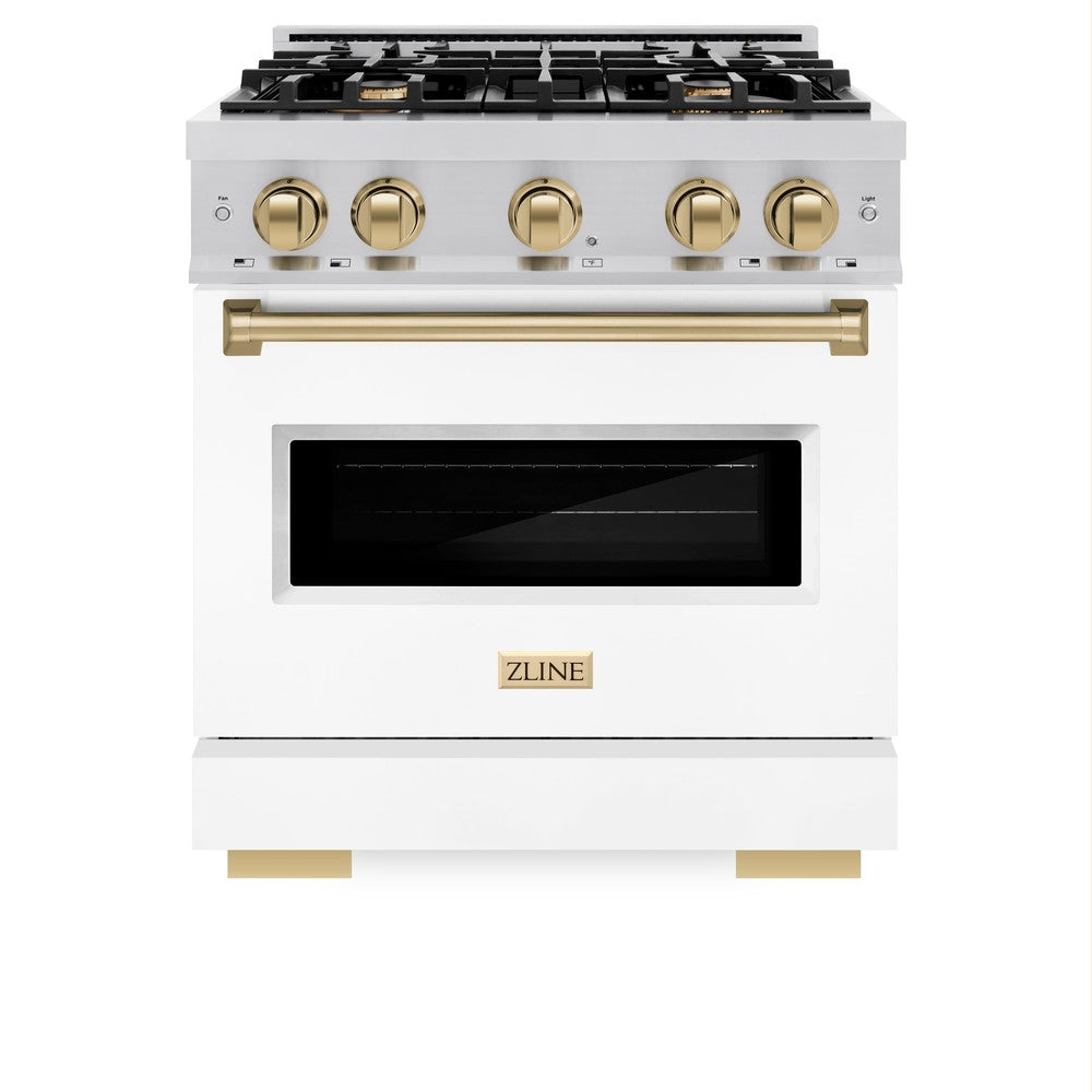 ZLINE Autograph Edition 30 in. 4.2 cu. ft. Classic Dual Fuel Range with 4 Burner Gas Cooktop and Electric Convection Oven in Stainless Steel with White Matte Door and Champagne Bronze Accents (CDRZ-WM-30-CB)