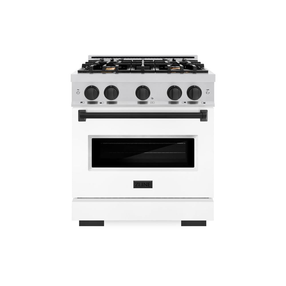 ZLINE Autograph Edition 30 in. 4.2 cu. ft. Classic Dual Fuel Range with 4 Burner Gas Cooktop and Electric Convection Oven in Stainless Steel with White Matte Door and Matte Black Accents (CDRZ-WM-30-MB)