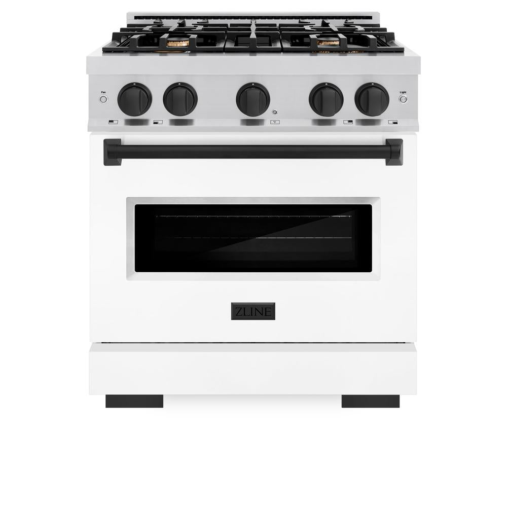 ZLINE Autograph Edition 30 in. 4.2 cu. ft. Classic Dual Fuel Range with 4 Burner Gas Cooktop and Electric Convection Oven in Stainless Steel with White Matte Door and Matte Black Accents (CDRZ-WM-30-MB)