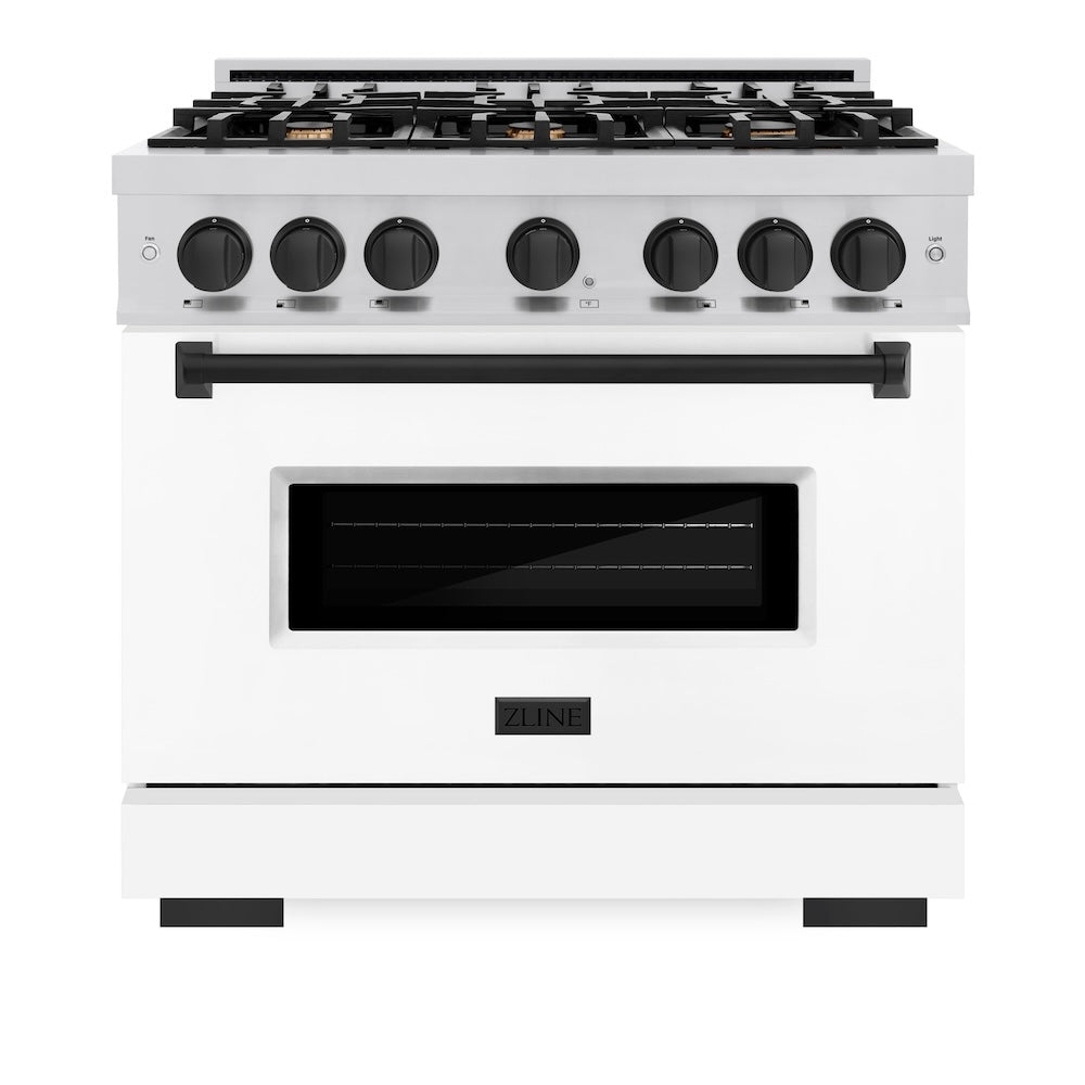 ZLINE Autograph Edition 36 in. 5.2 cu. ft. Classic Dual Fuel Range with 6 Burner Gas Cooktop and Electric Convection Oven in Stainless Steel with White Matte Door and Matte Black Accents (CDRZ-WM-36-MB)