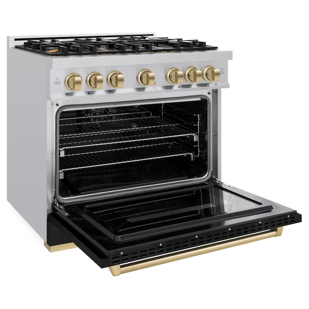 ZLINE Autograph Edition 36 in. 5.2 cu. ft. Classic Gas Range with 6 Burner Cooktop and Convection Gas Oven in Stainless Steel with Black Matte Door and Champagne Bronze Accents (CGRZ-BLM-36-CB)