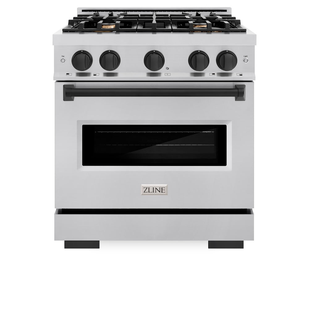 ZLINE Autograph Edition 30 in. 4.2 cu. ft. Classic Gas Range with 4 Burner Cooktop and Convection Gas Oven in Stainless Steel and Matte Black Accents (CGRZ-30-MB)