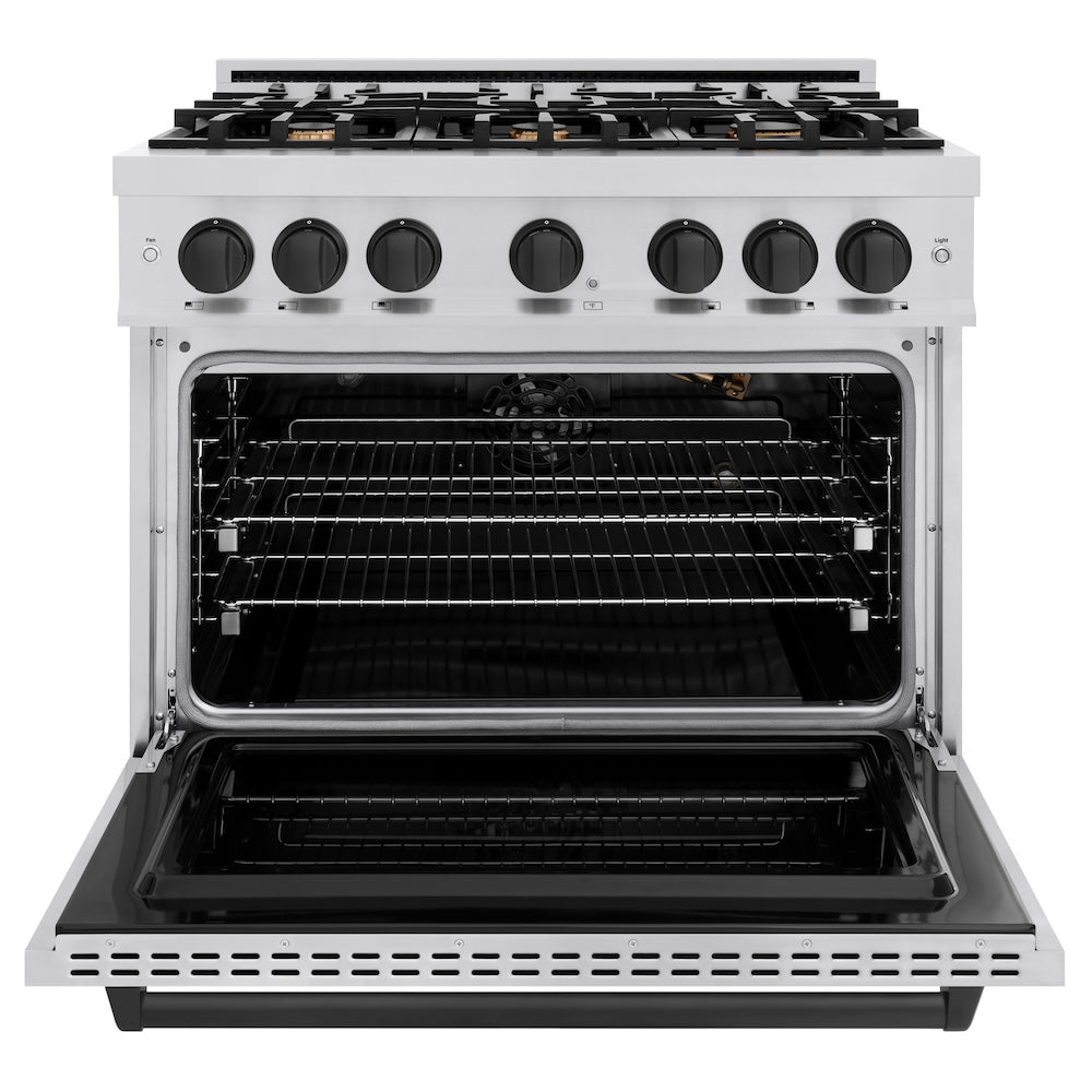ZLINE Autograph Edition 36 in. 5.2 cu. ft. Classic Gas Range with 6 Burner Cooktop and Convection Gas Oven in Stainless Steel and Matte Black Accents (CGRZ-36-MB)