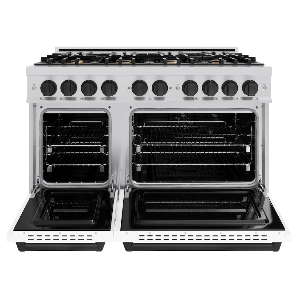 ZLINE Autograph Edition 48 in. 6.7 cu. ft. Classic Double Oven Gas Range with 8 Burner Cooktop in DuraSnow® Stainless Steel with White Matte Doors and Matte Black Accents (CGRSZ-WM-48-MB)