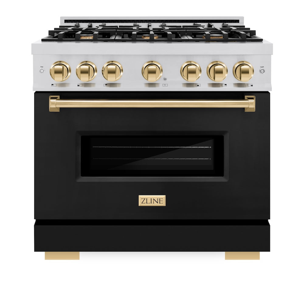 ZLINE Autograph Edition 36 in. 5.2 cu. ft. Classic Gas Range with 6 Burner Cooktop and Convection Gas Oven in Stainless Steel with Black Matte Door and Polished Gold Accents (CGRZ-BLM-36-G)