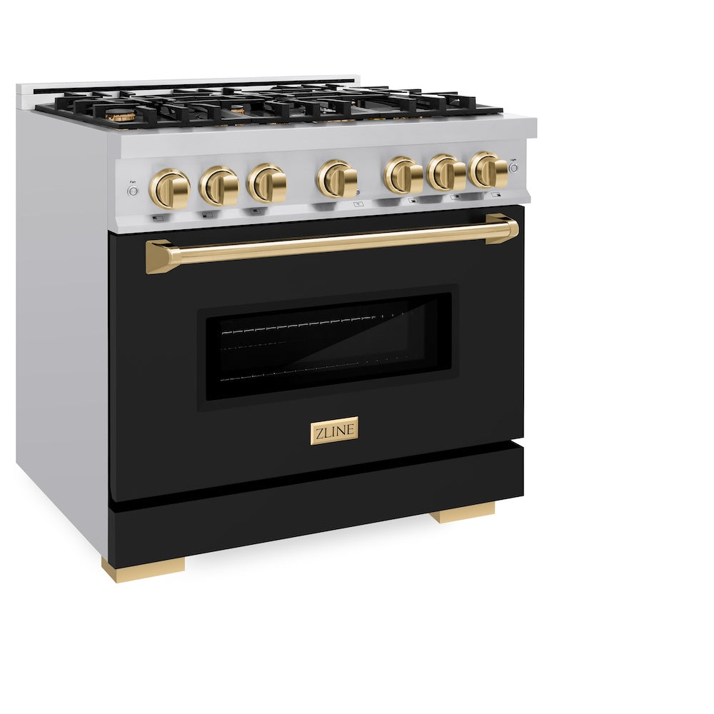 ZLINE Autograph Edition 36 in. 5.2 cu. ft. Classic Gas Range with 6 Burner Cooktop and Convection Gas Oven in Stainless Steel with Black Matte Door and Polished Gold Accents (CGRZ-BLM-36-G)