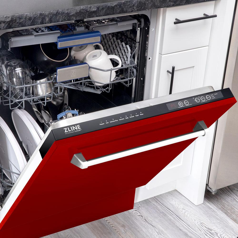 ZLINE 24 in. Tallac Series 3rd Rack Dishwasher with Red Gloss Panel and Traditional Handle, 51dBa (DWV-RG-24)