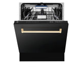 ZLINE Autograph Edition 30 in. Kitchen Package with Black Stainless Steel Dual Fuel Range, Range Hood, Dishwasher, and Refrigerator with External Water Dispenser with Polished Gold Accents (4AKPR-RABRHDWV30-G)
