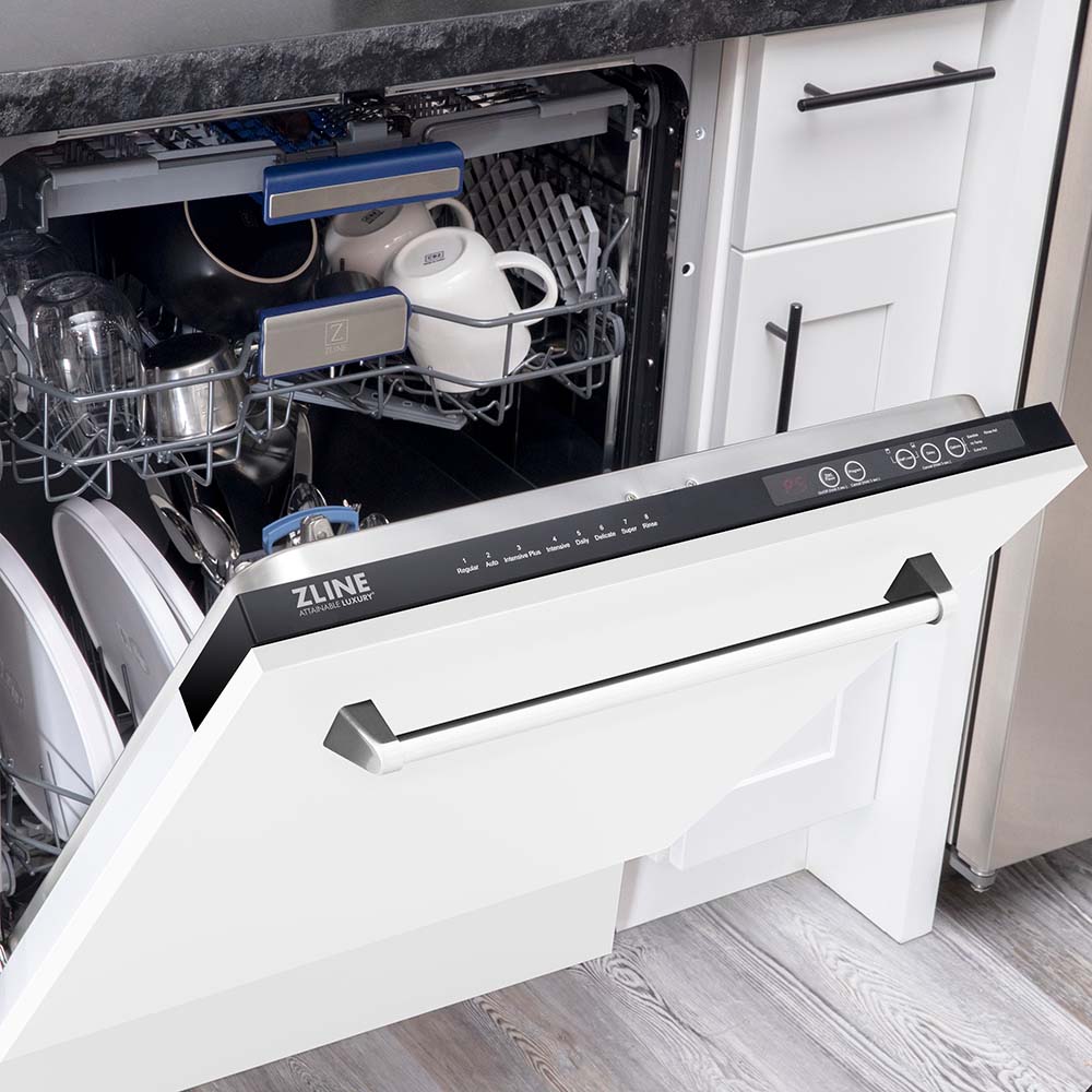 ZLINE 24 in. Tallac Series 3rd Rack Dishwasher with White Matte Panel and Traditional Handle, 51dBa (DWV-WM-24)