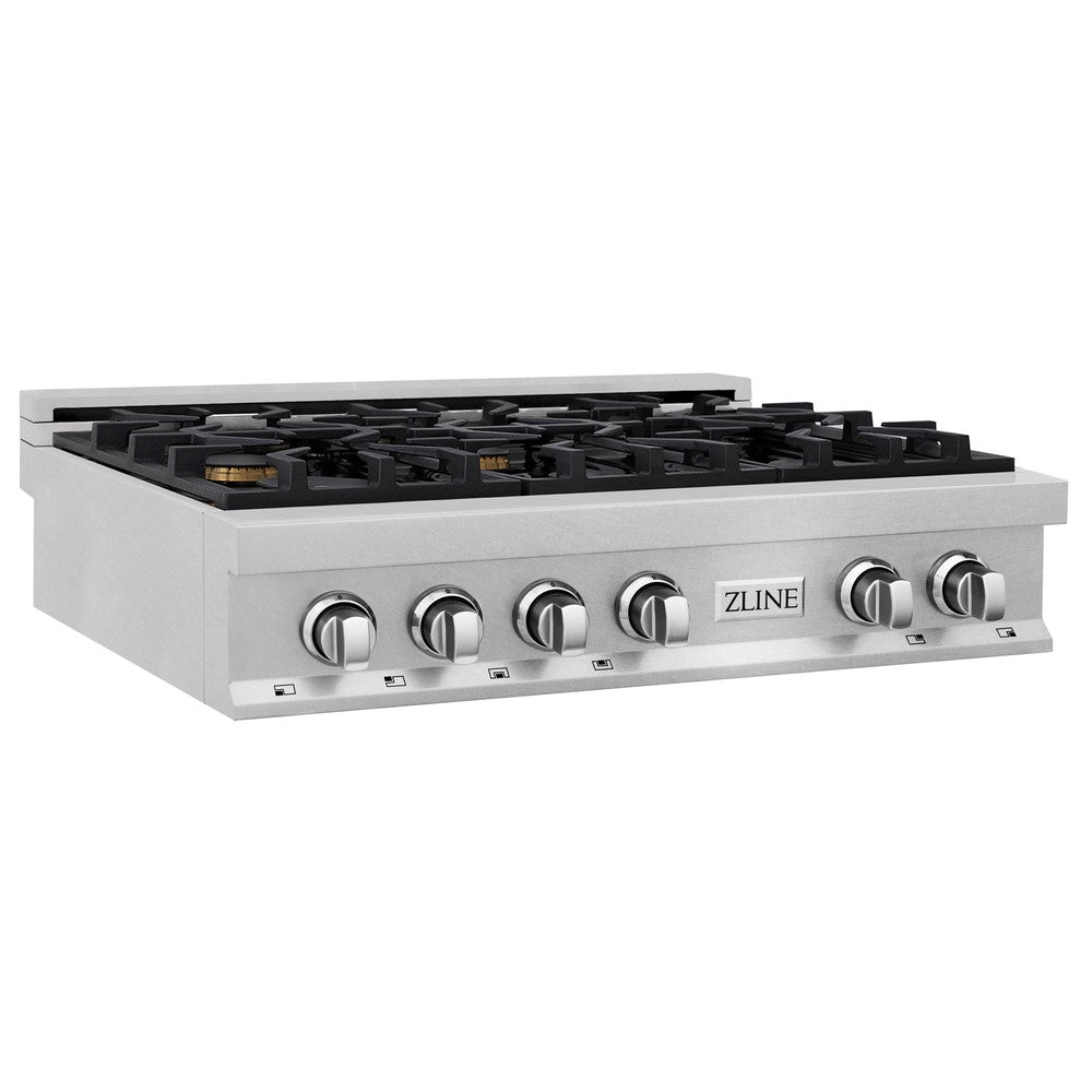 ZLINE 36 in. Legacy Gas Rangetop with 6 Brass Burners and Porcelain Cooktop in DuraSnow® Stainless Steel (RTS-BR-36)