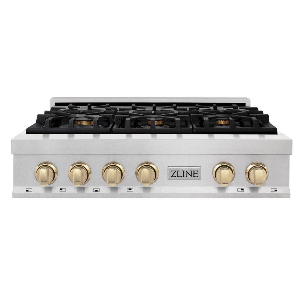 ZLINE Autograph Edition 36 in. Legacy Gas Rangetop with 6 Burners and Porcelain Cooktop in DuraSnow® Stainless Steel with Polished Gold Accents (RTSZ-36-G)
