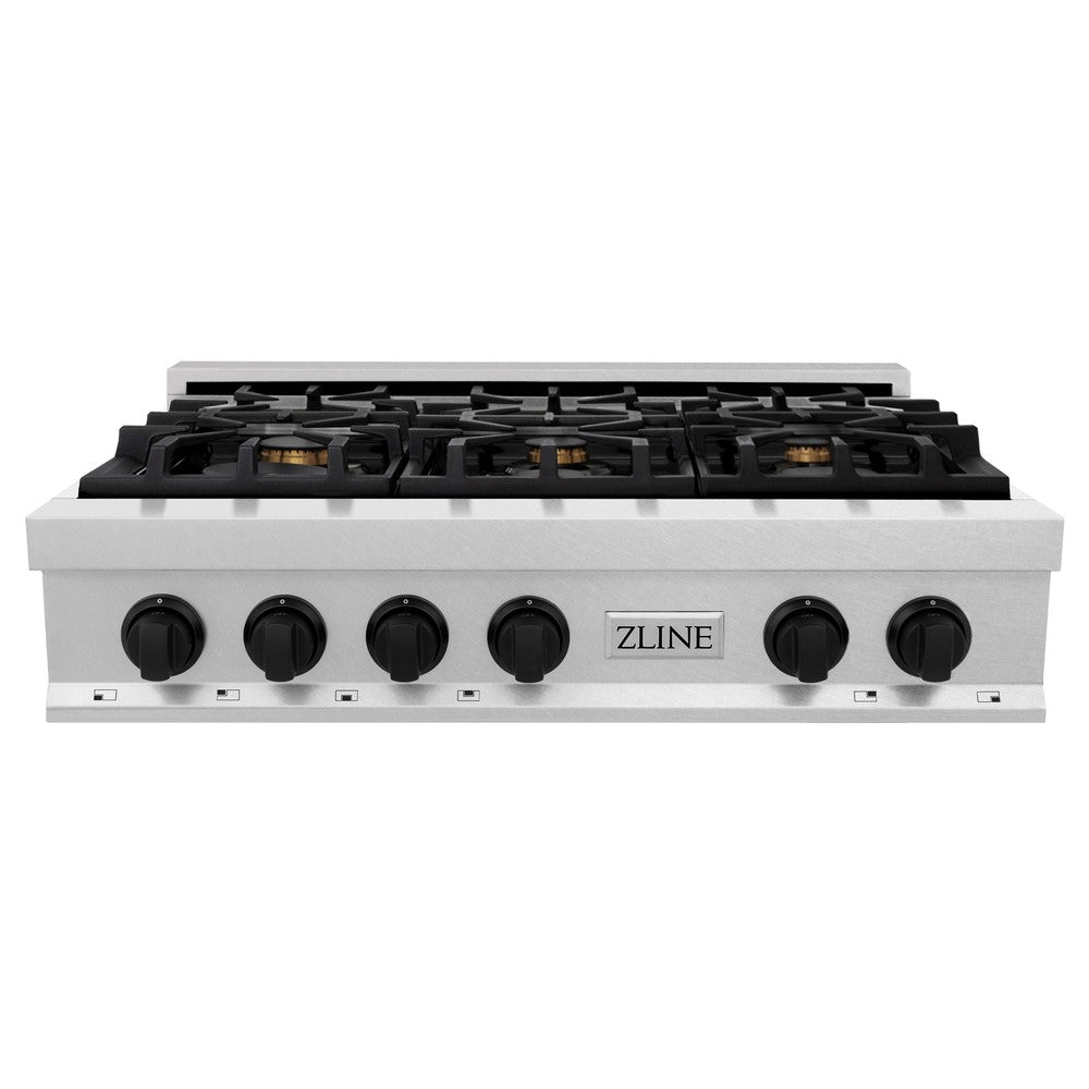 ZLINE Autograph Edition 36 in. Porcelain Rangetop with 6 Gas Burners in DuraSnow® Stainless Steel with Matte Black Accents (RTSZ-36-MB)
