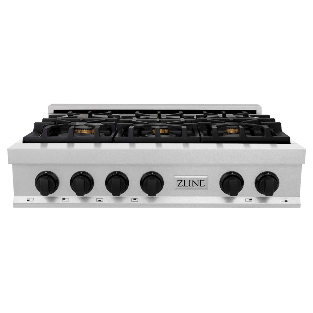 ZLINE Autograph Edition 36 in. Legacy Gas Rangetop with 6 Burners and Porcelain Cooktop in DuraSnow® Stainless Steel with Matte Black Accents (RTSZ-36-MB)