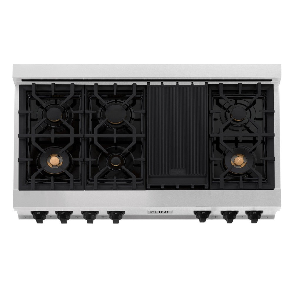 ZLINE Autograph Edition 48 in. Porcelain Rangetop with 7 Gas Burners in DuraSnow® Stainless Steel and Matte Black Accents (RTSZ-48-MB)