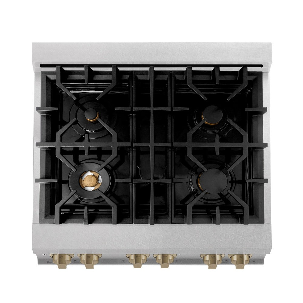 ZLINE Autograph Edition 30 in. 4.0 cu. ft. Legacy Dual Fuel Range with 4 Burner Gas Cooktop and Electric Convection Oven in DuraSnow® Stainless Steel and Champagne Bronze Accents (RASZ-SN-30-CB)