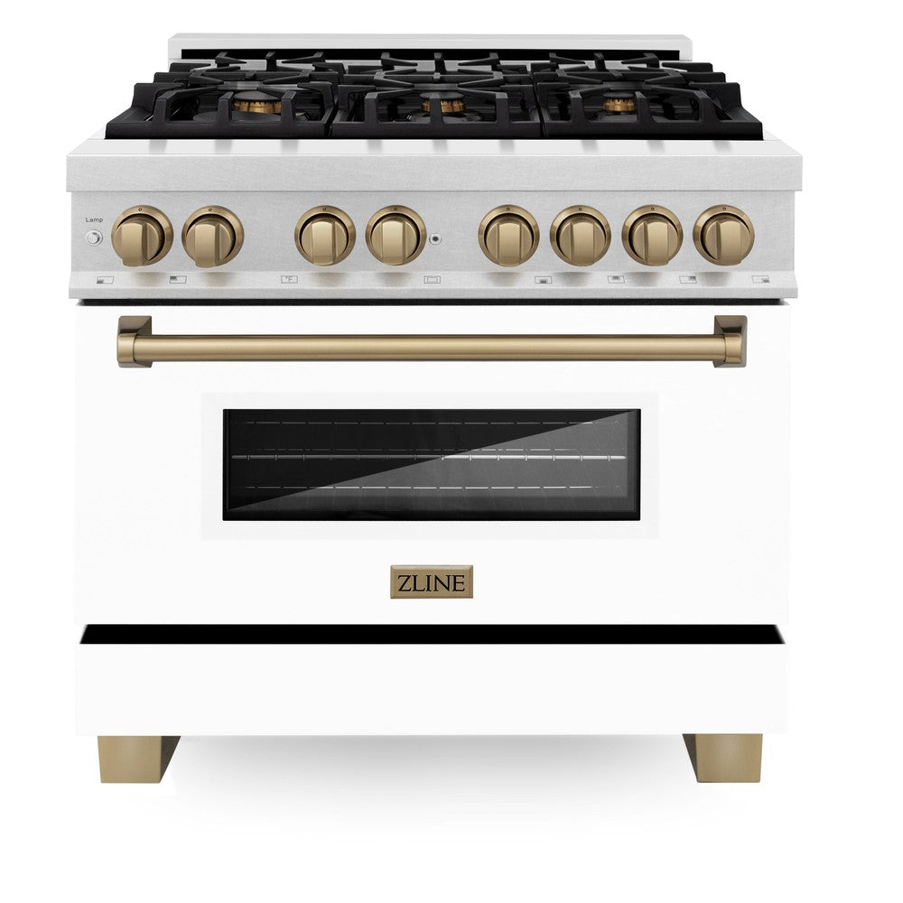 ZLINE Autograph Edition 36 in. 4.6 cu. ft. Legacy Dual Fuel Range with 6 Burner Gas Cooktop and Electric Convection Oven in DuraSnow® Stainless Steel with White Matte Door and Champagne Bronze Accents (RASZ-WM-36-CB)