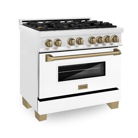 ZLINE Autograph Edition 36 in. 4.6 cu. ft. Dual Fuel Range with Gas Stove and Electric Oven in DuraSnow® Stainless Steel with White Matte Door and Champagne Bronze Accents (RASZ-WM-36-CB)-Ranges-RASZ-WM-36-CB ZLINE Kitchen and Bath