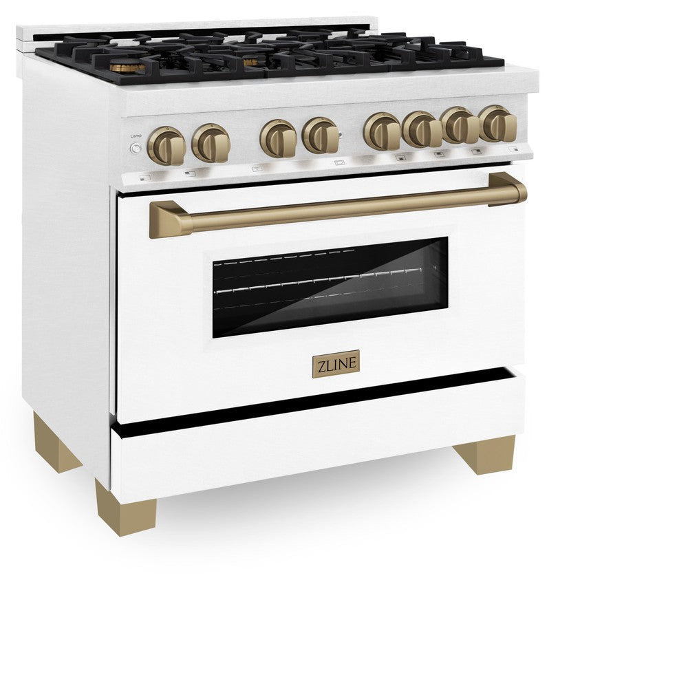 ZLINE Autograph Edition 36 in. 4.6 cu. ft. Legacy Dual Fuel Range with 6 Burner Gas Cooktop and Electric Convection Oven in DuraSnow® Stainless Steel with White Matte Door and Champagne Bronze Accents (RASZ-WM-36-CB)